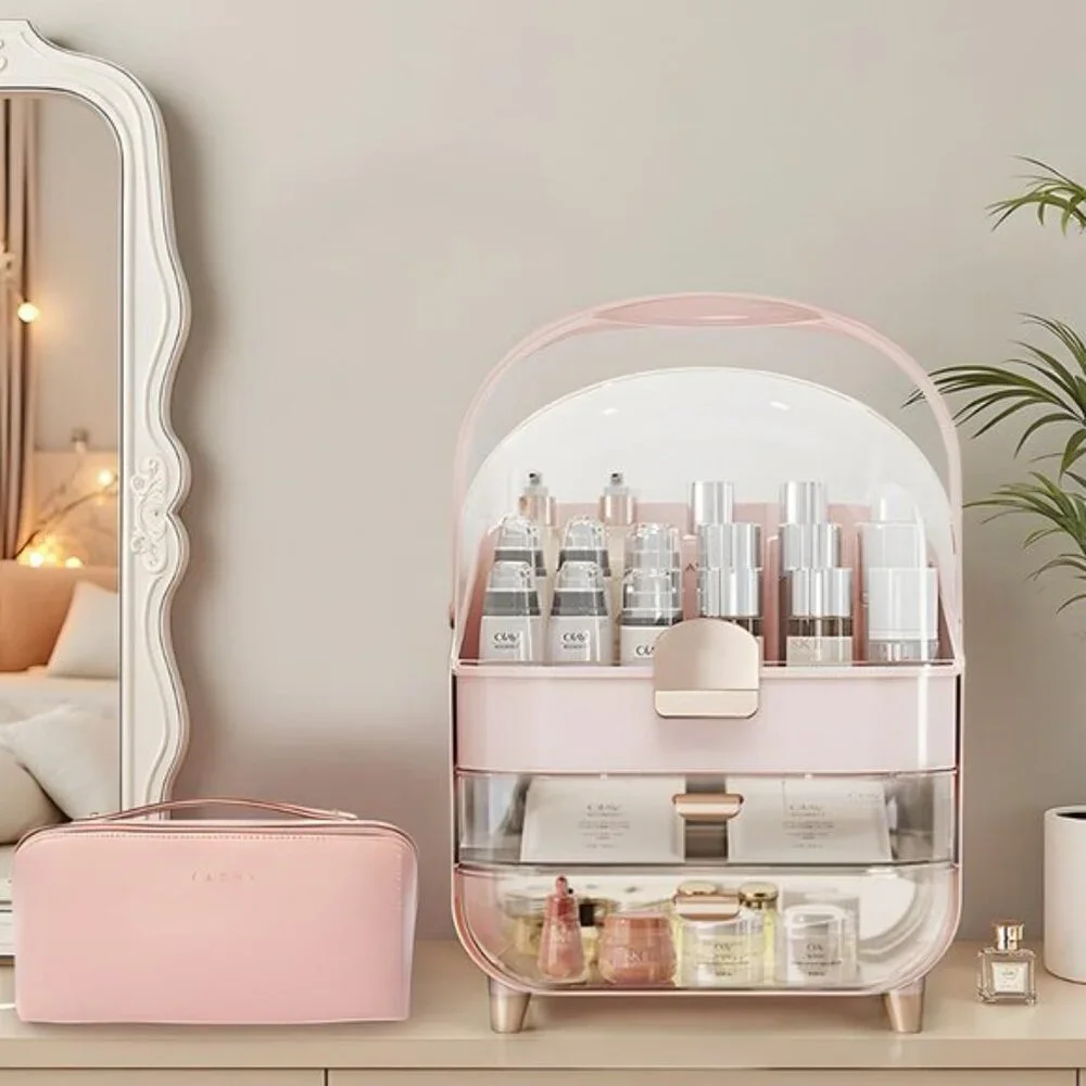 Pink Makeup Organizer, 2-Drawer Dustproof Vanity Storage with Lid for Skincare